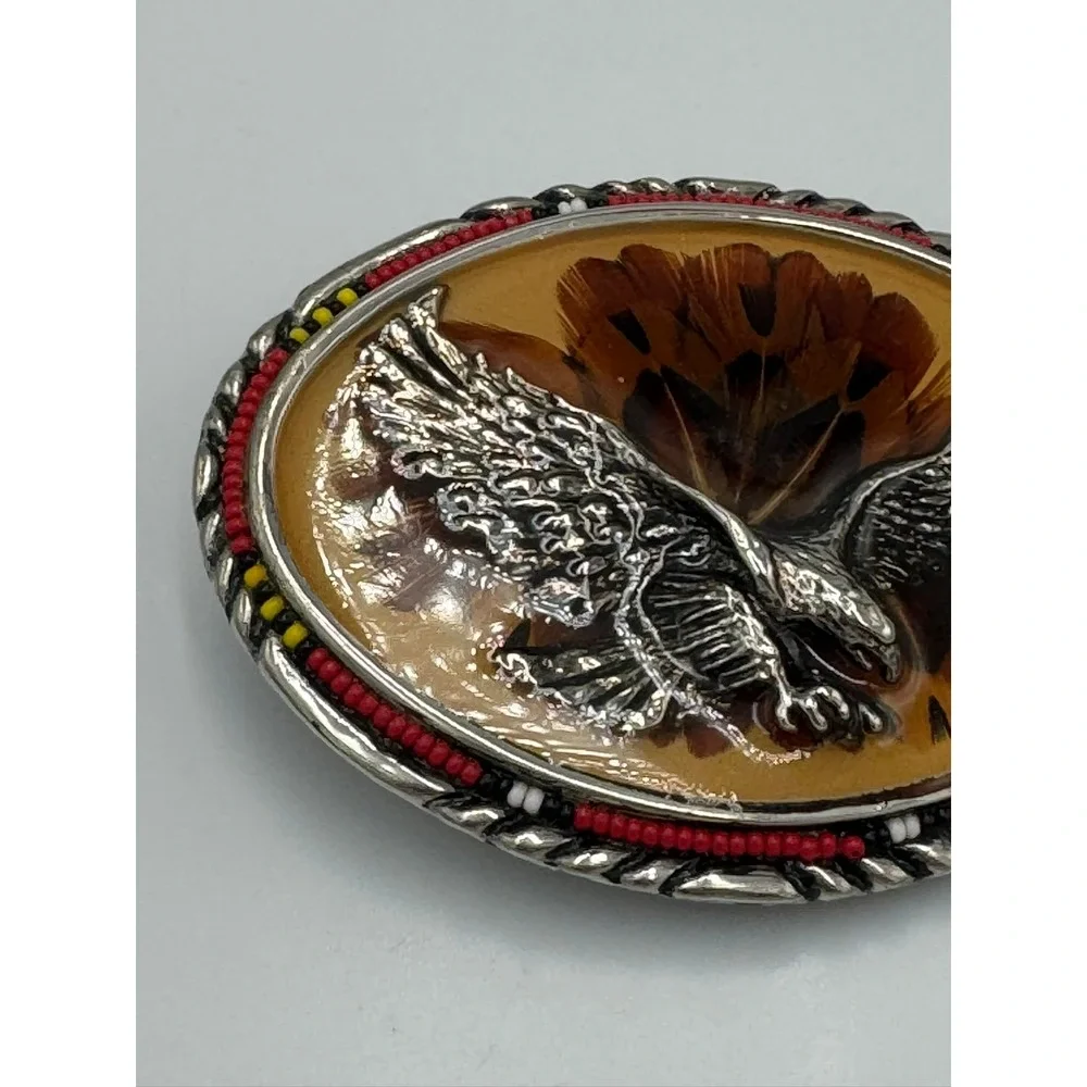 Vintage Western Eagle Feather Resin Belt Buckle Beaded Rope Edge Silver Tone